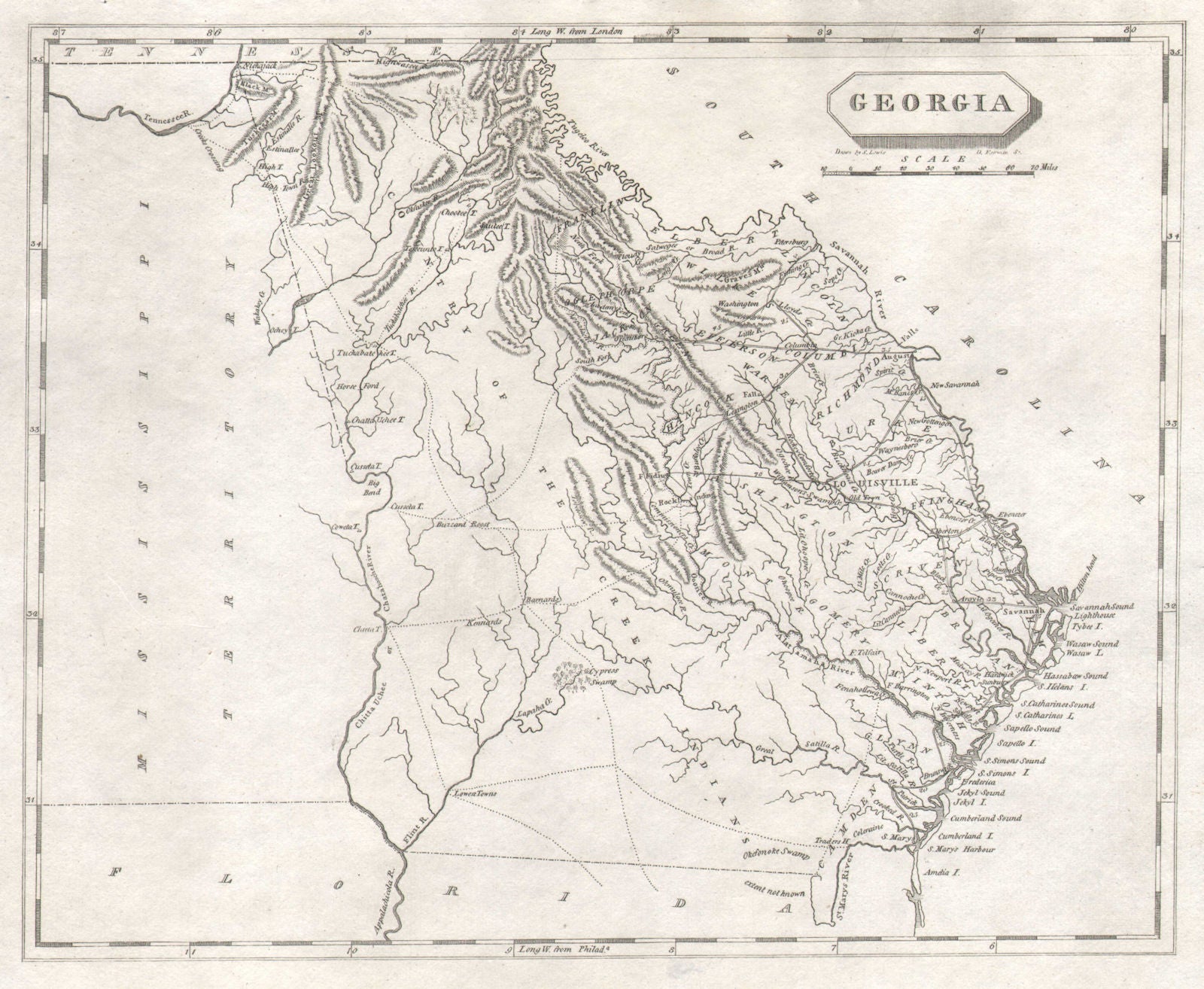 Georgia state map by Arrowsmith & Lewis 1812 old antique plan chart